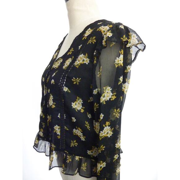 Zara Black Floral Chiffon Blouse Top Medium Boho Flutter Sleeve Semi Sheer - Picture 4 of 6
